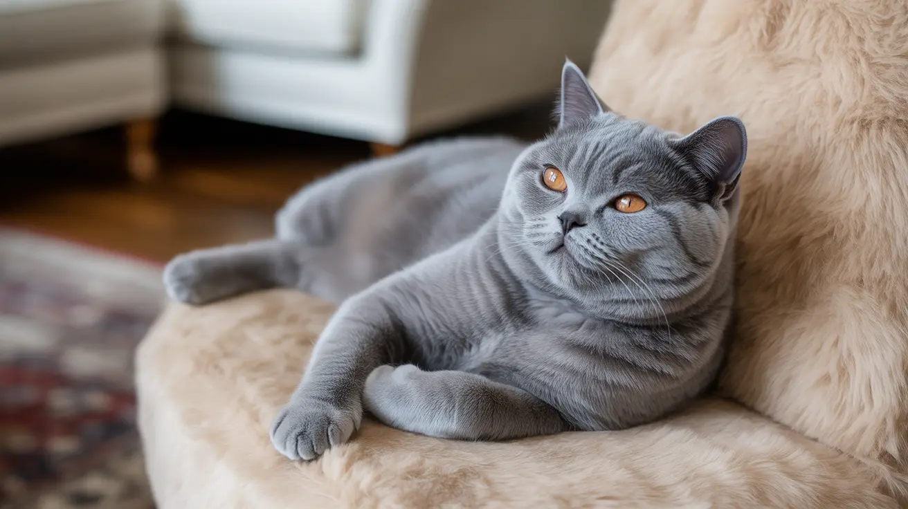 A gray British Shorthair cat lounging comfortably on a beige furry chair