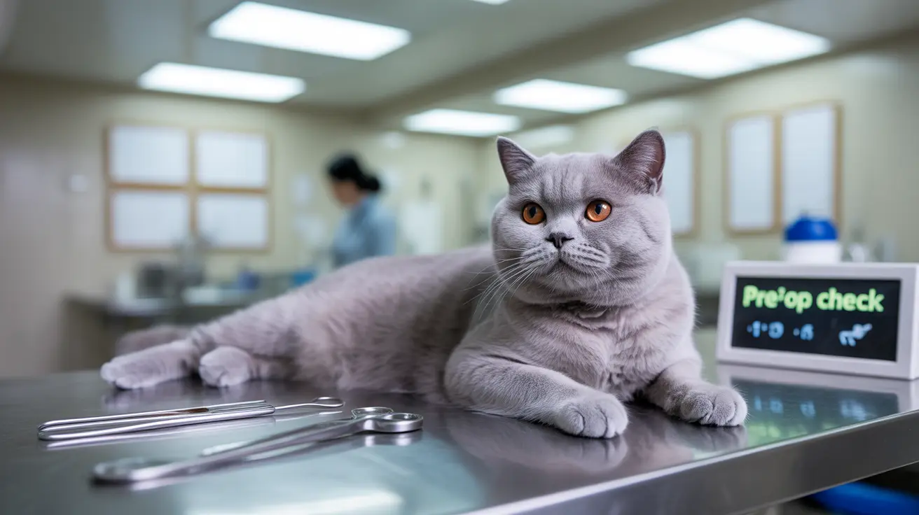 Gray British Shorthair cat on surgical table in veterinary clinic for pre-operative check