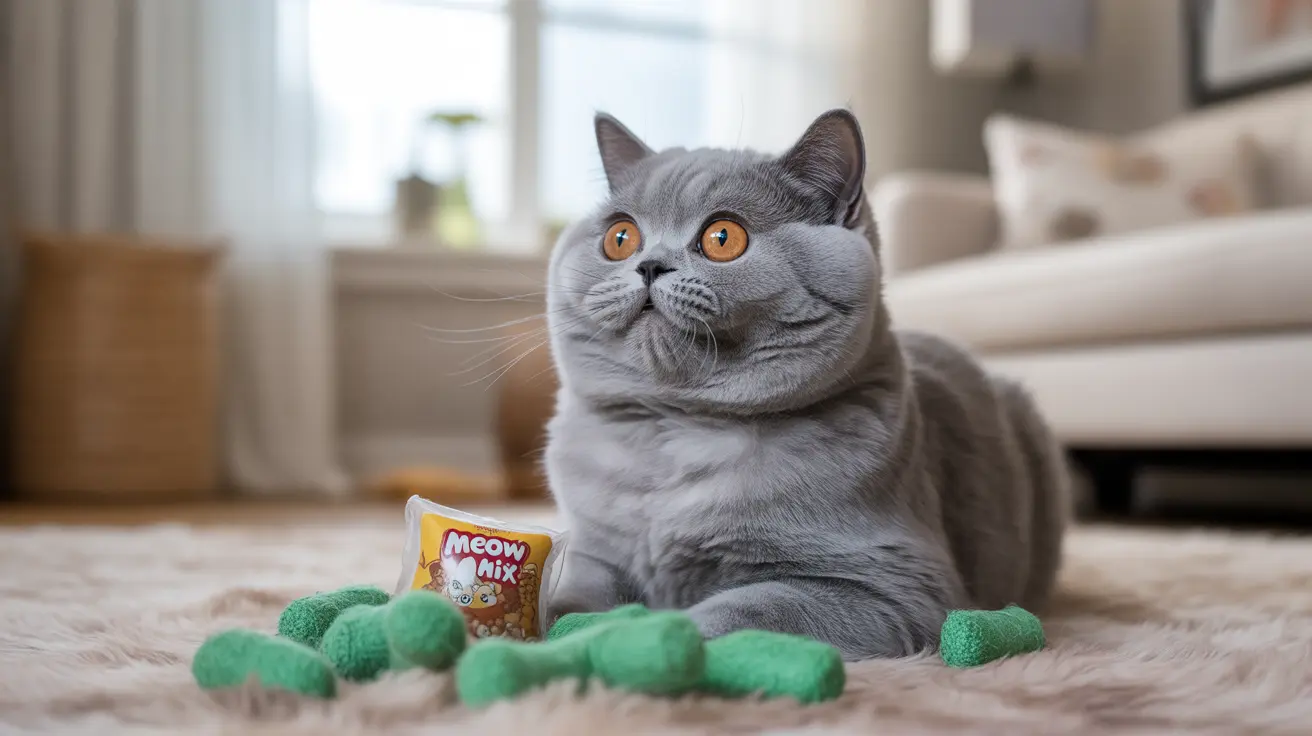 Gray British Shorthair cat on rug with green toys and Meow Mix bag