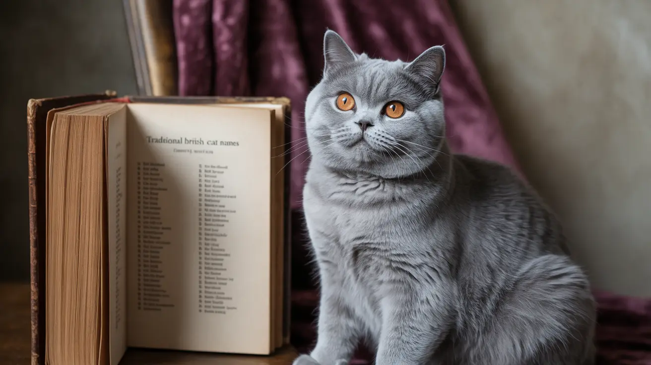 A gray British Shorthair cat sitting elegantly next to an open book about traditional British cat names