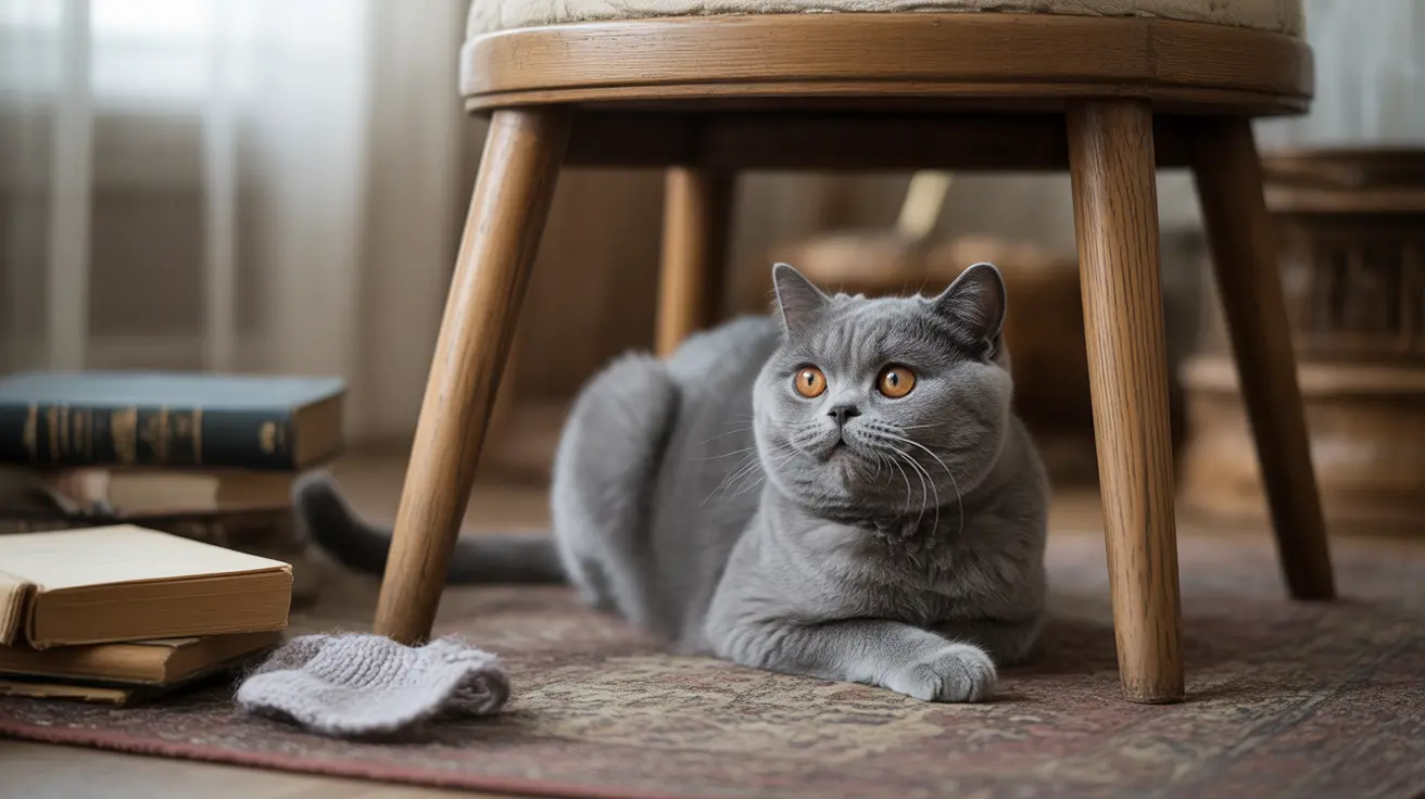 Gray British Shorthair cat resting under a wooden stool with books nearby