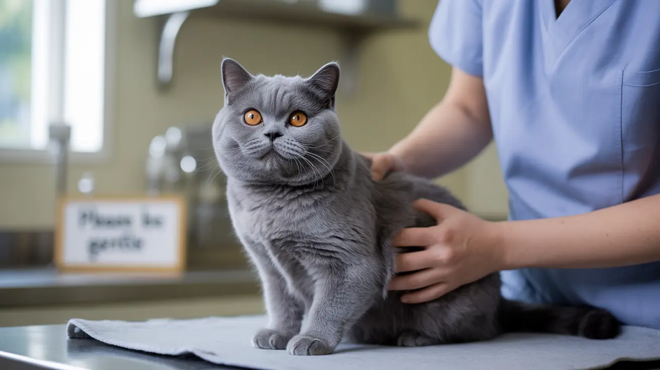 A gray British Shorthair cat sits on an examination table during a veterinary check-up.