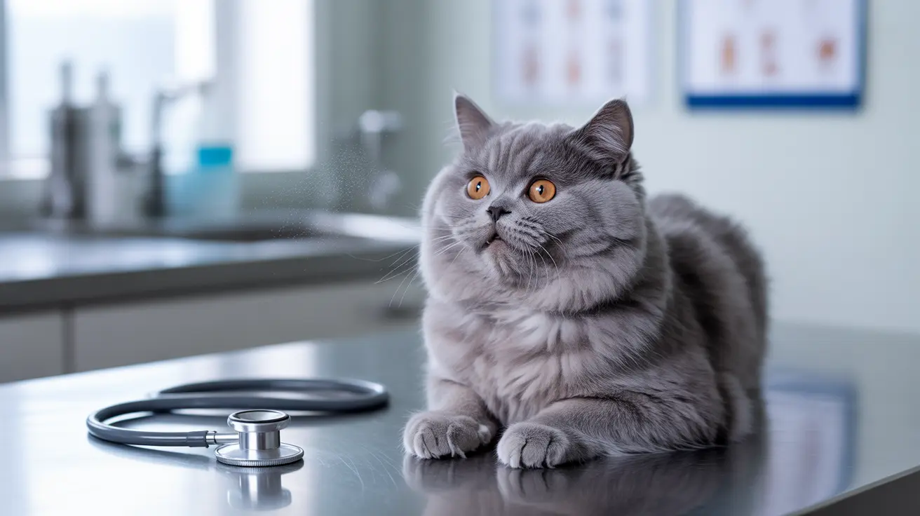 Gray British Shorthair cat sitting calmly on reflective surface in veterinary clinic