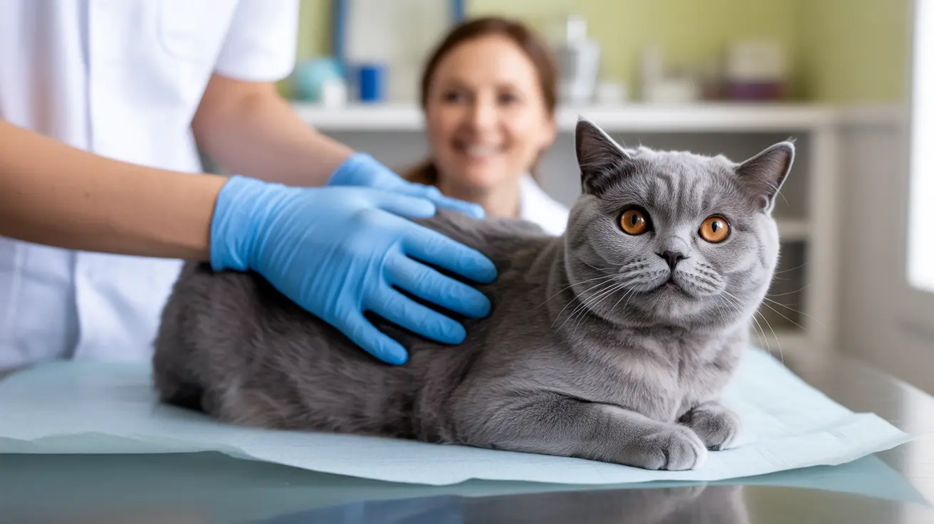 A gray British Shorthair cat receiving a veterinary examination on a medical table