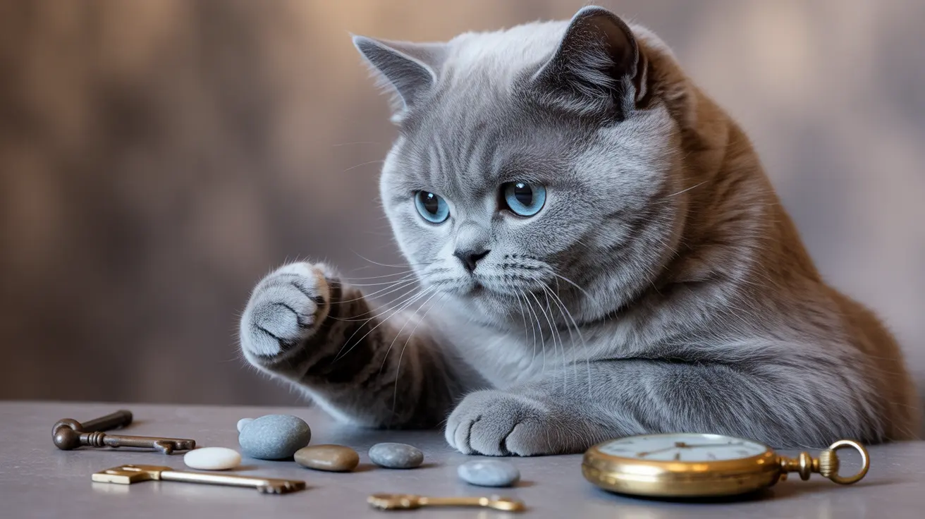 A gray British Shorthair cat with blue eyes next to vintage keys and a pocket watch