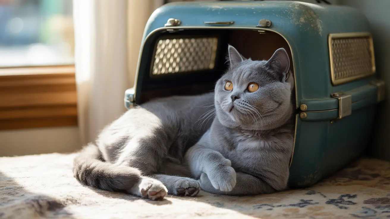 A gray British Shorthair cat lounging comfortably next to a vintage blue pet carrier