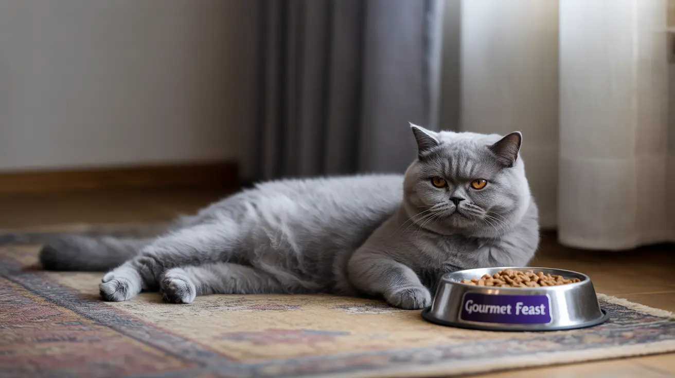 Gray British Shorthair cat on a rug near a food bowl