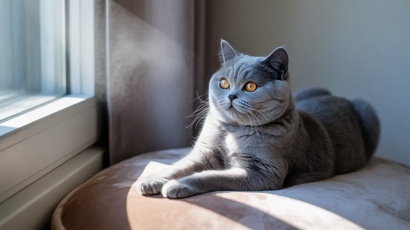 A gray British Shorthair cat with striking golden eyes lounging near a window