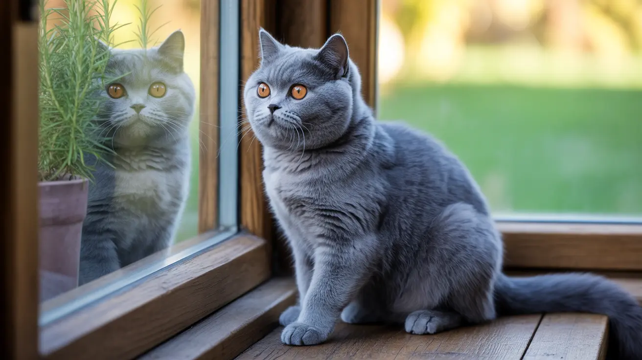 Gray British Shorthair cat sitting on a wooden windowsill with its reflection in the window glass
