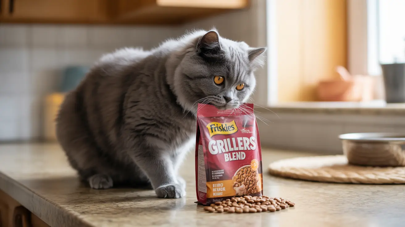 A gray British Shorthair cat next to Friskies Grillers Blend bag with spilled kibble