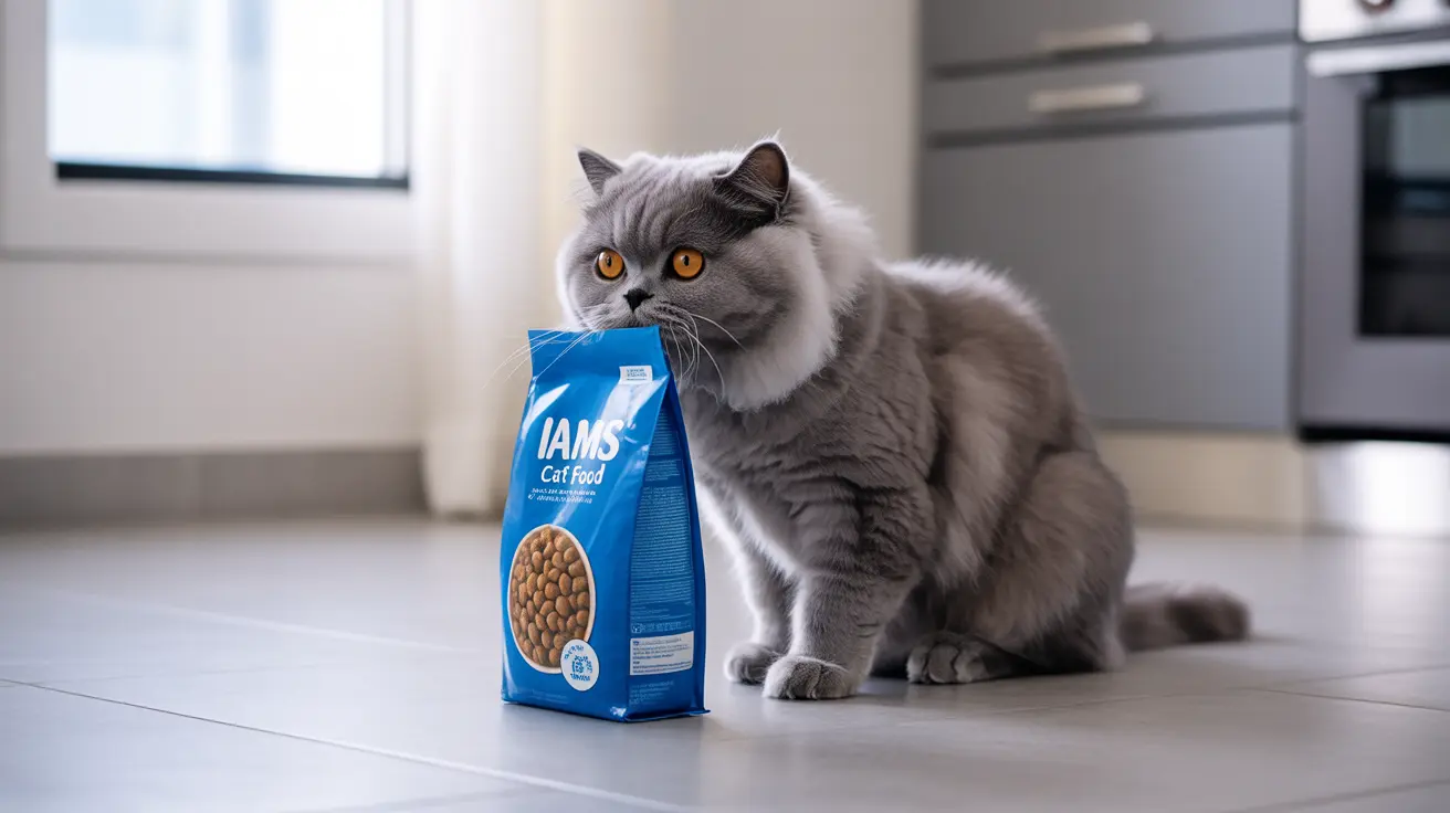 Um gato britânico de pelo curto cinza sentado ao lado de um saco de ração IAMS em um ambiente de cozinha moderna.
