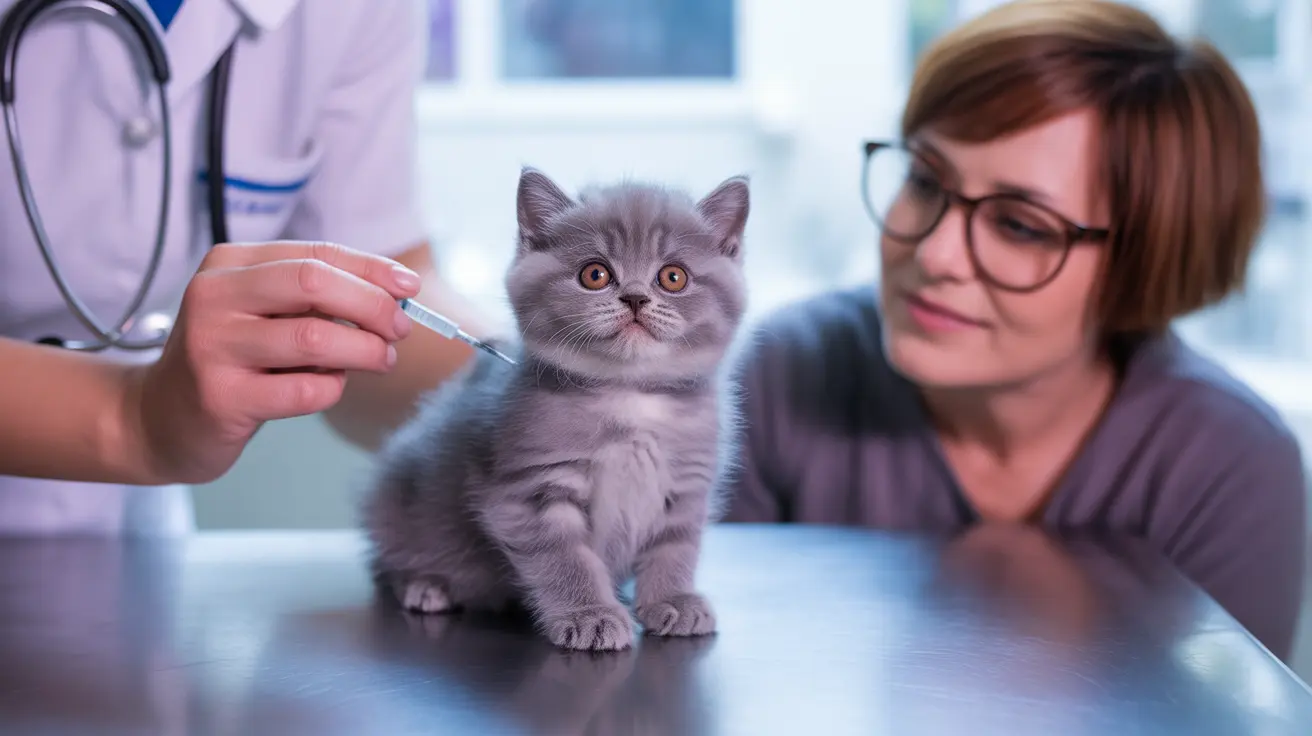 A young gray British Shorthair kitten receiving a medical examination at a veterinary clinic