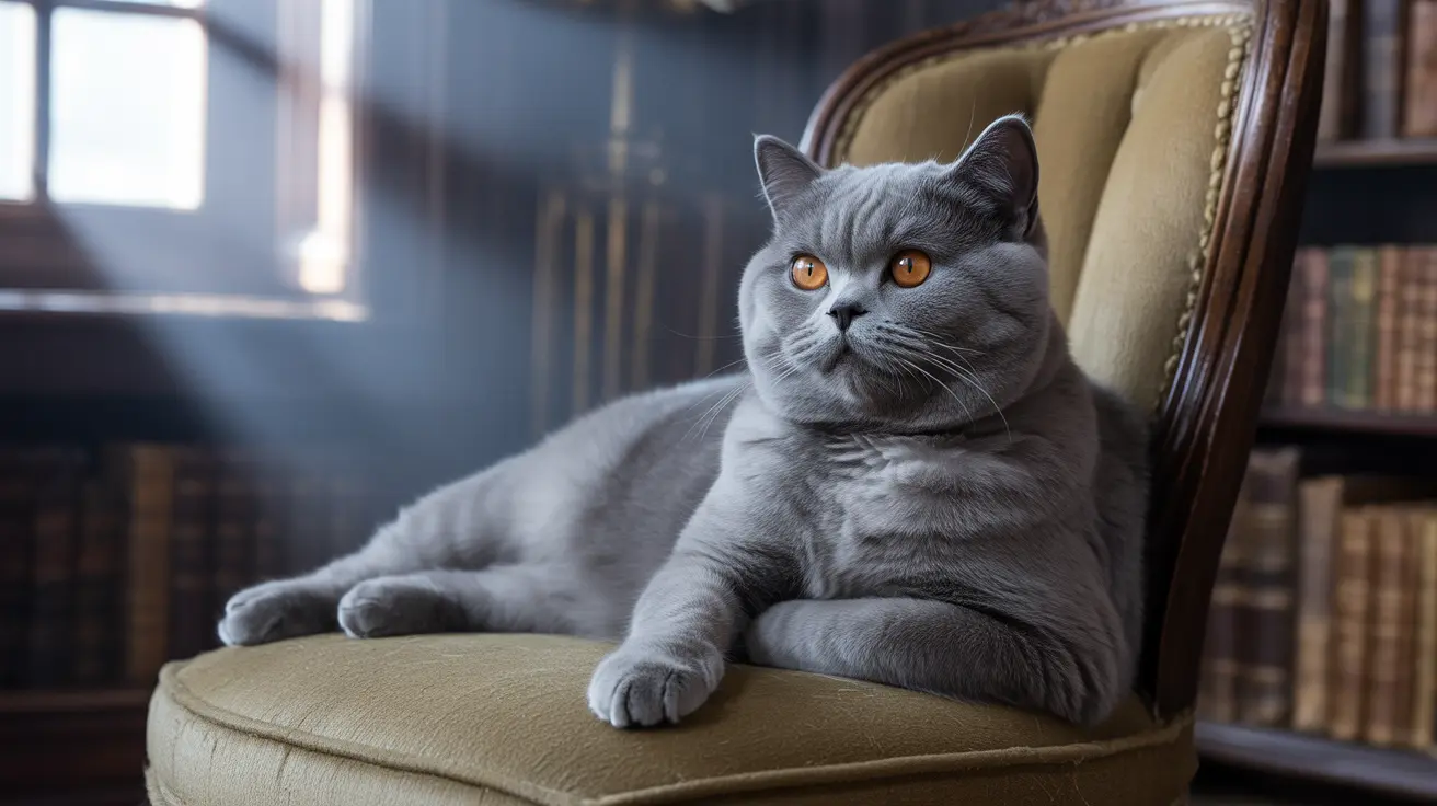 A regal gray British Shorthair cat sitting elegantly on a vintage armchair in a sophisticated library