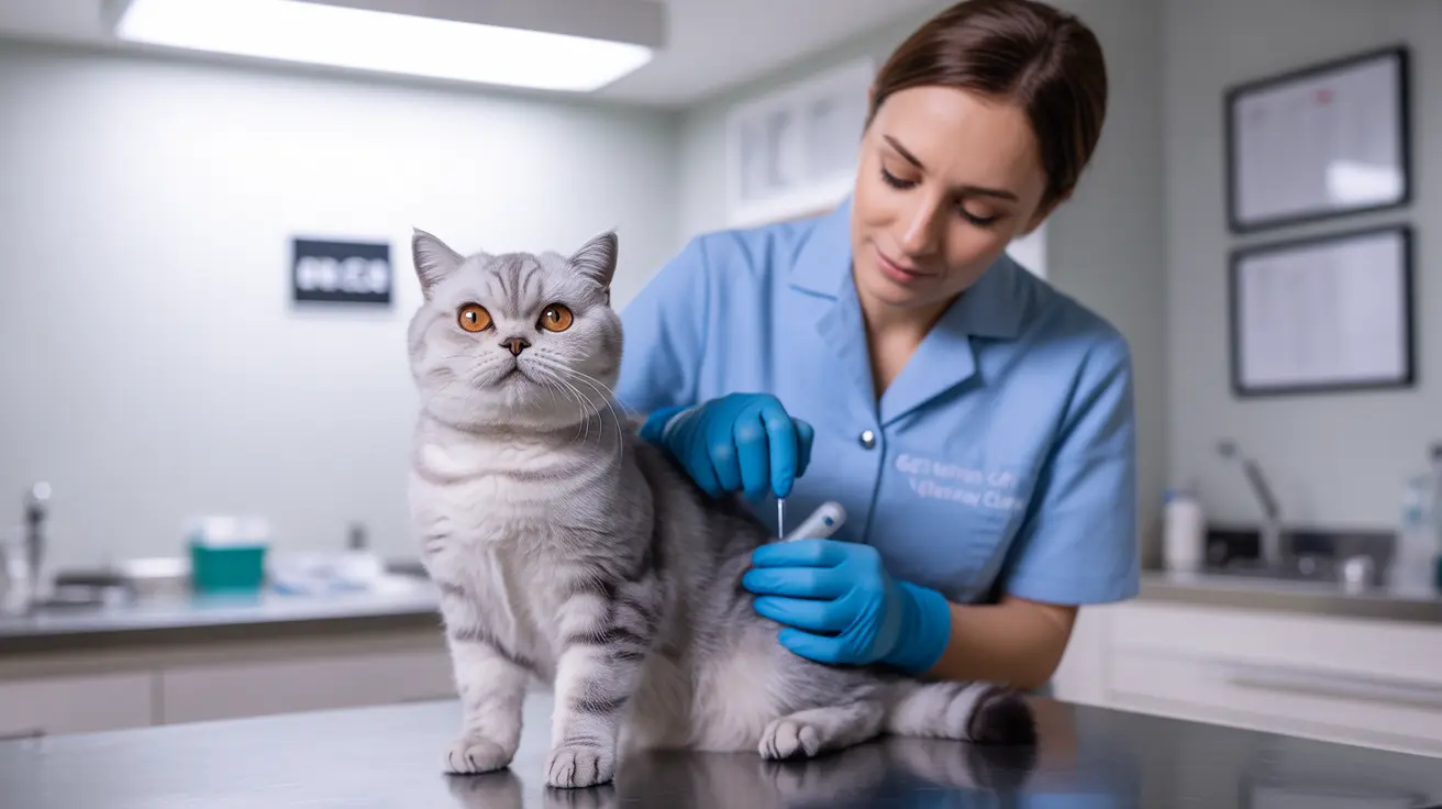 Un gato British Shorthair gris recibe atención médica de un veterinario en una clínica.