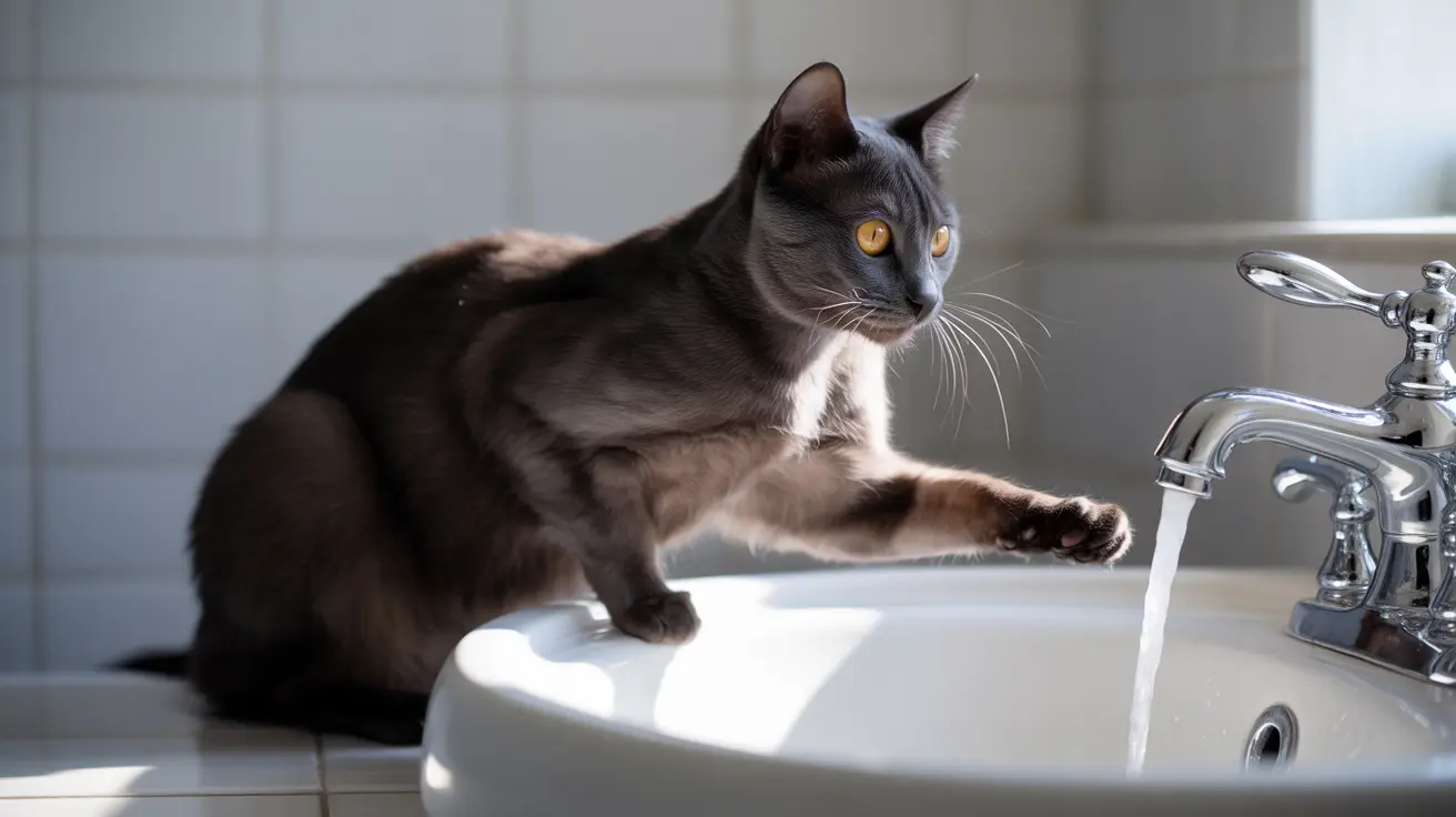A gray Burmese cat sitting on a bathroom sink, reaching towards running water from the faucet