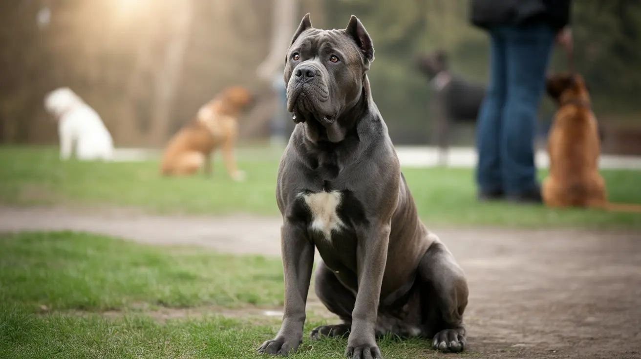 Gray Cane Corso dog with cropped ears sitting alertly on grass in a park
