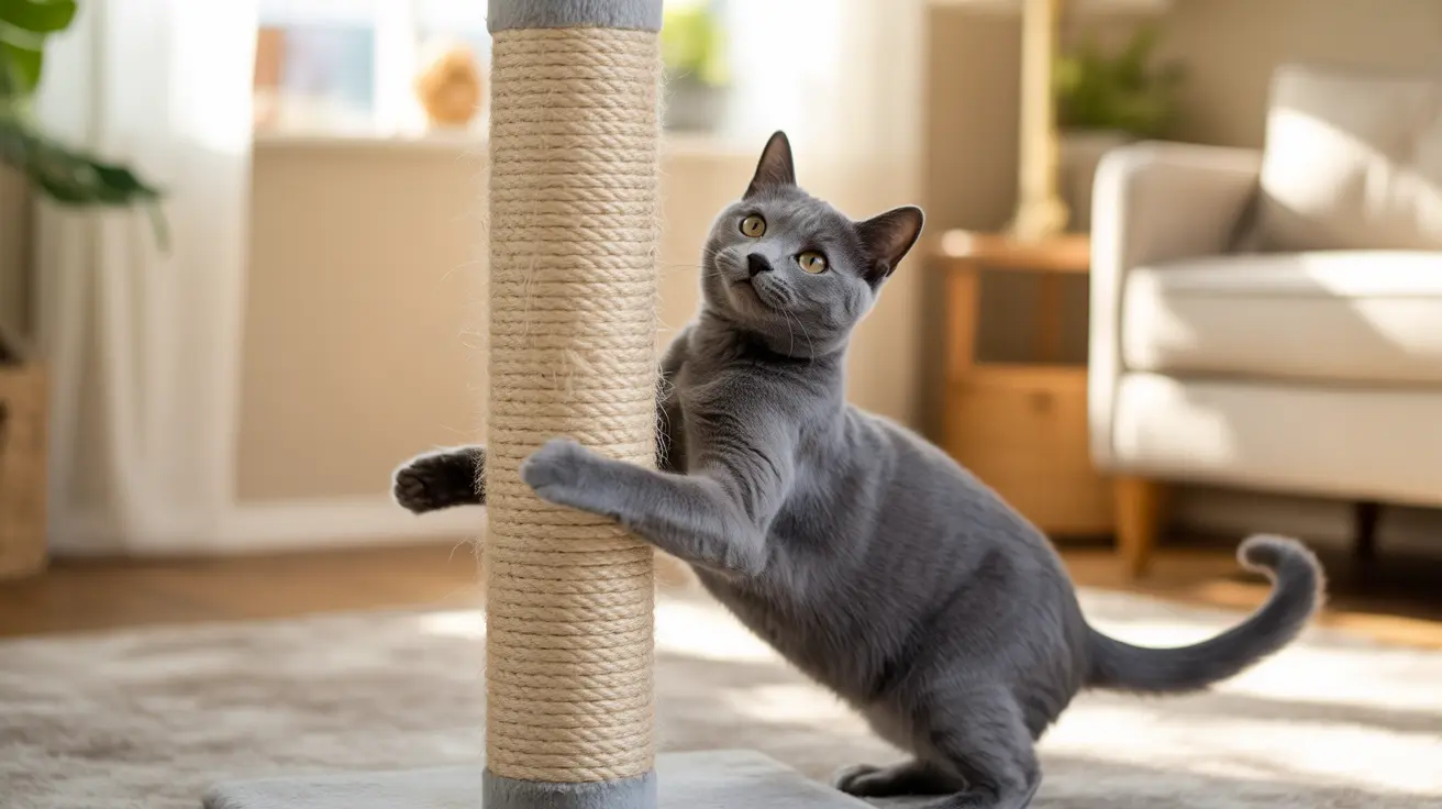 A gray Russian Blue cat stretching and scratching on a rope-wrapped cat scratching post in a bright, cozy living room.