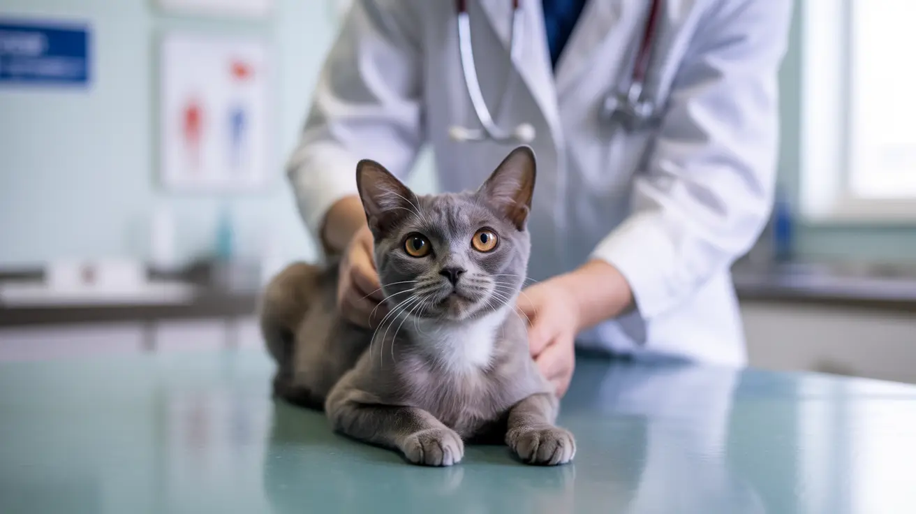 Un chat gris assis calmement sur une table d'examen lors d'une visite vétérinaire.