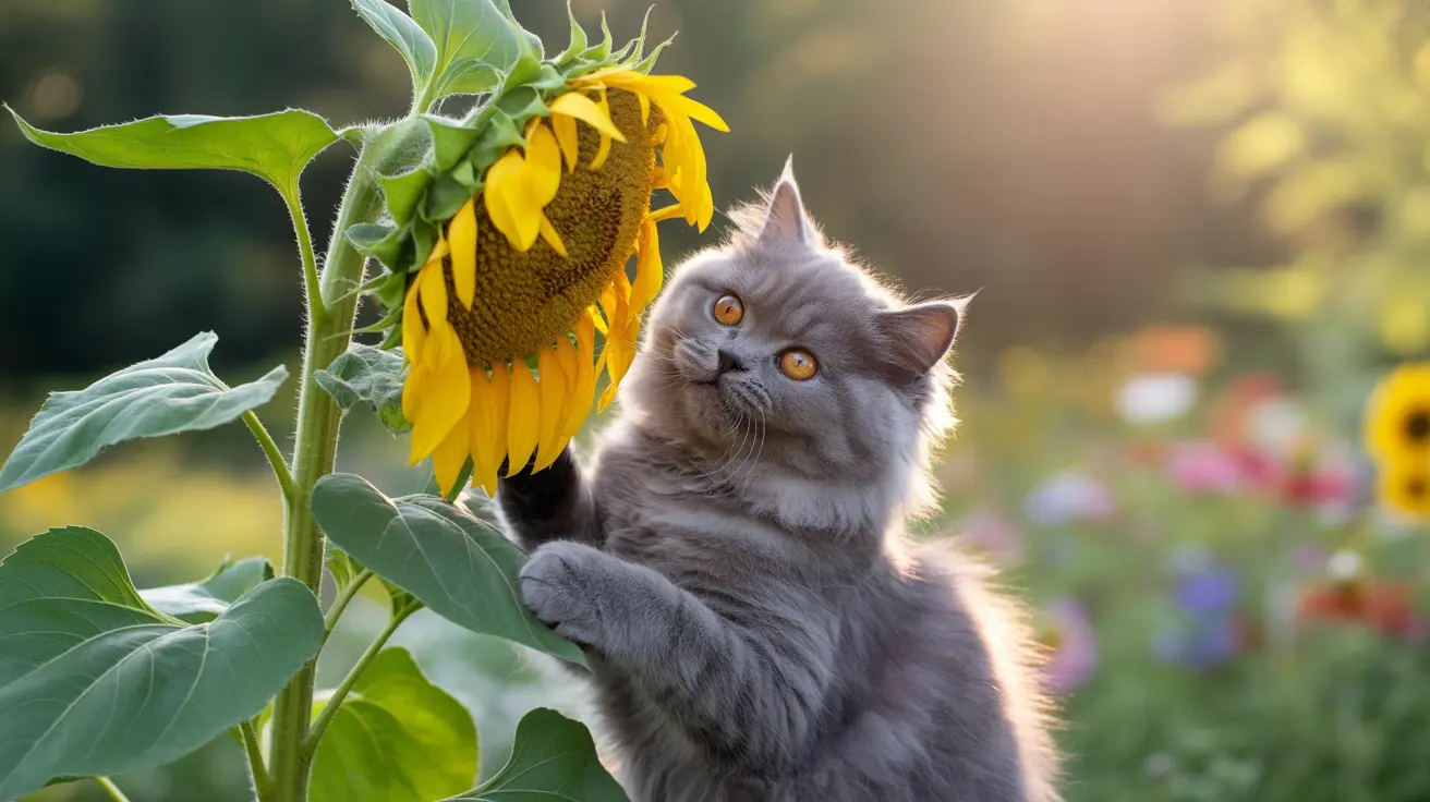 Un gato gris y esponjoso sentado cerca de un gran girasol en un entorno de jardín