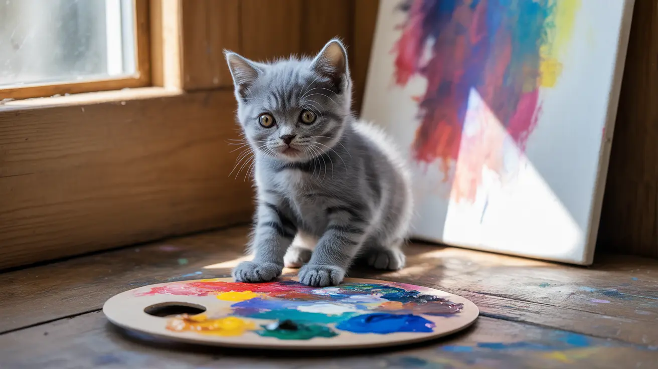 A small gray kitten sitting on a colorful artist's paint palette near a window