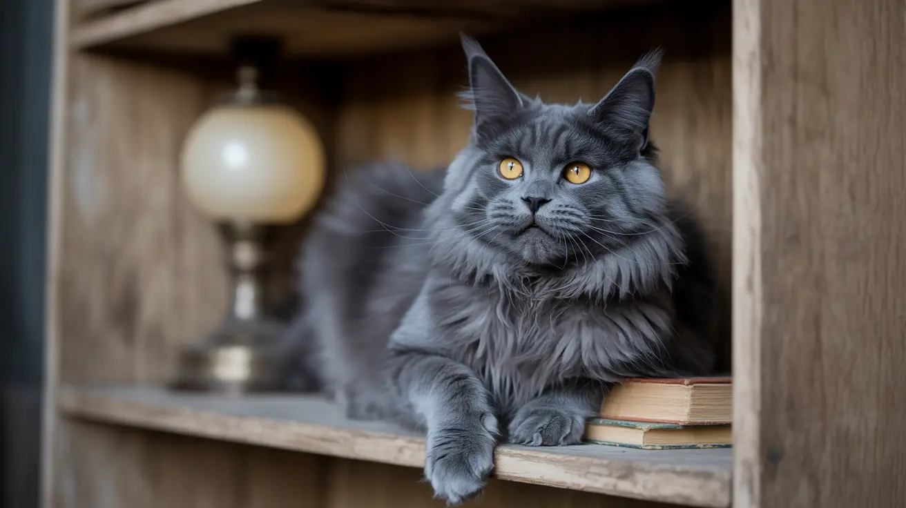 A majestic gray Maine Coon cat sitting elegantly on a wooden bookshelf next to some books and a decorative lamp
