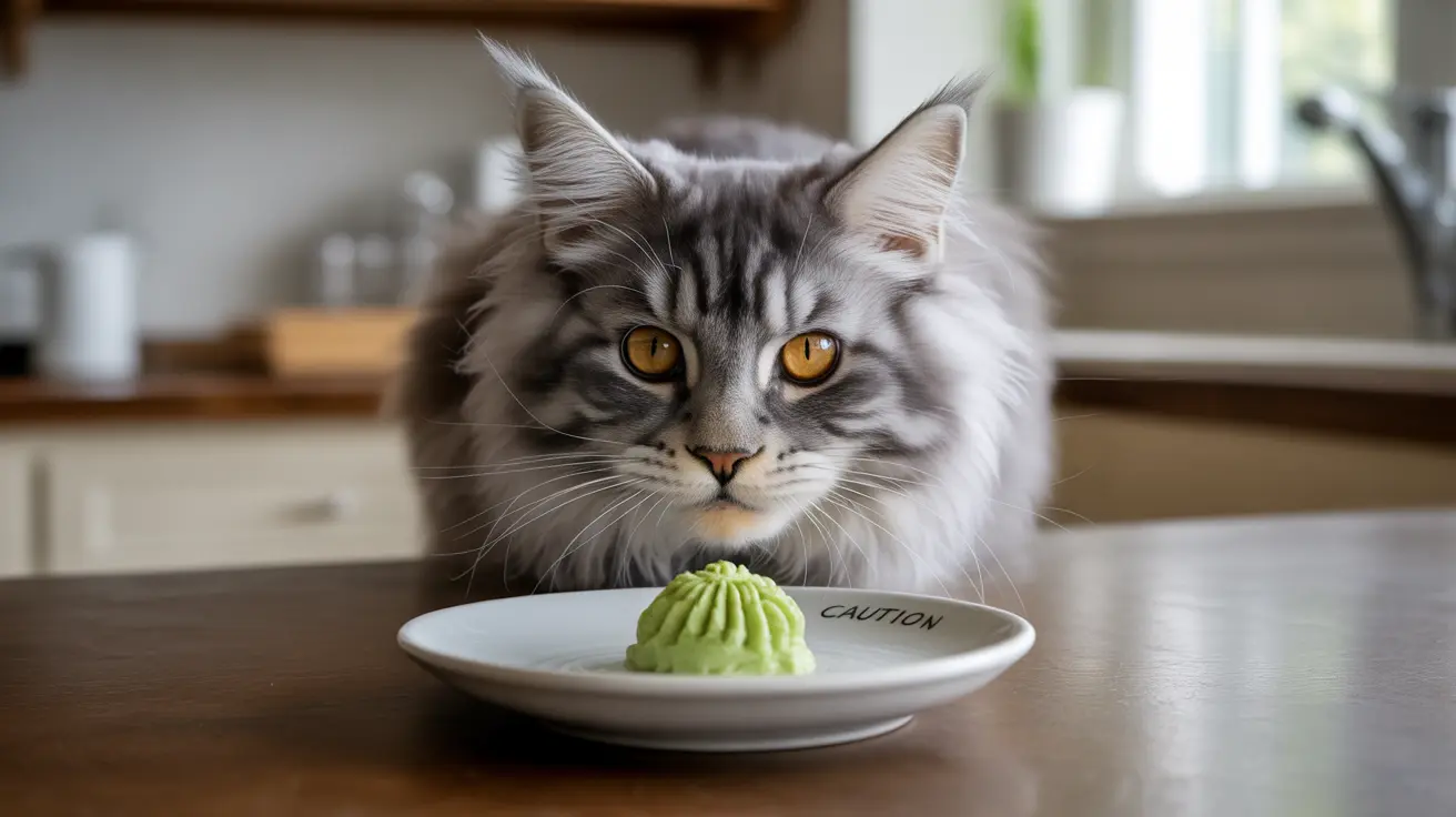 A fluffy gray Maine Coon cat staring intently at a green, sculptural food item on a plate marked 'CAUTION'
