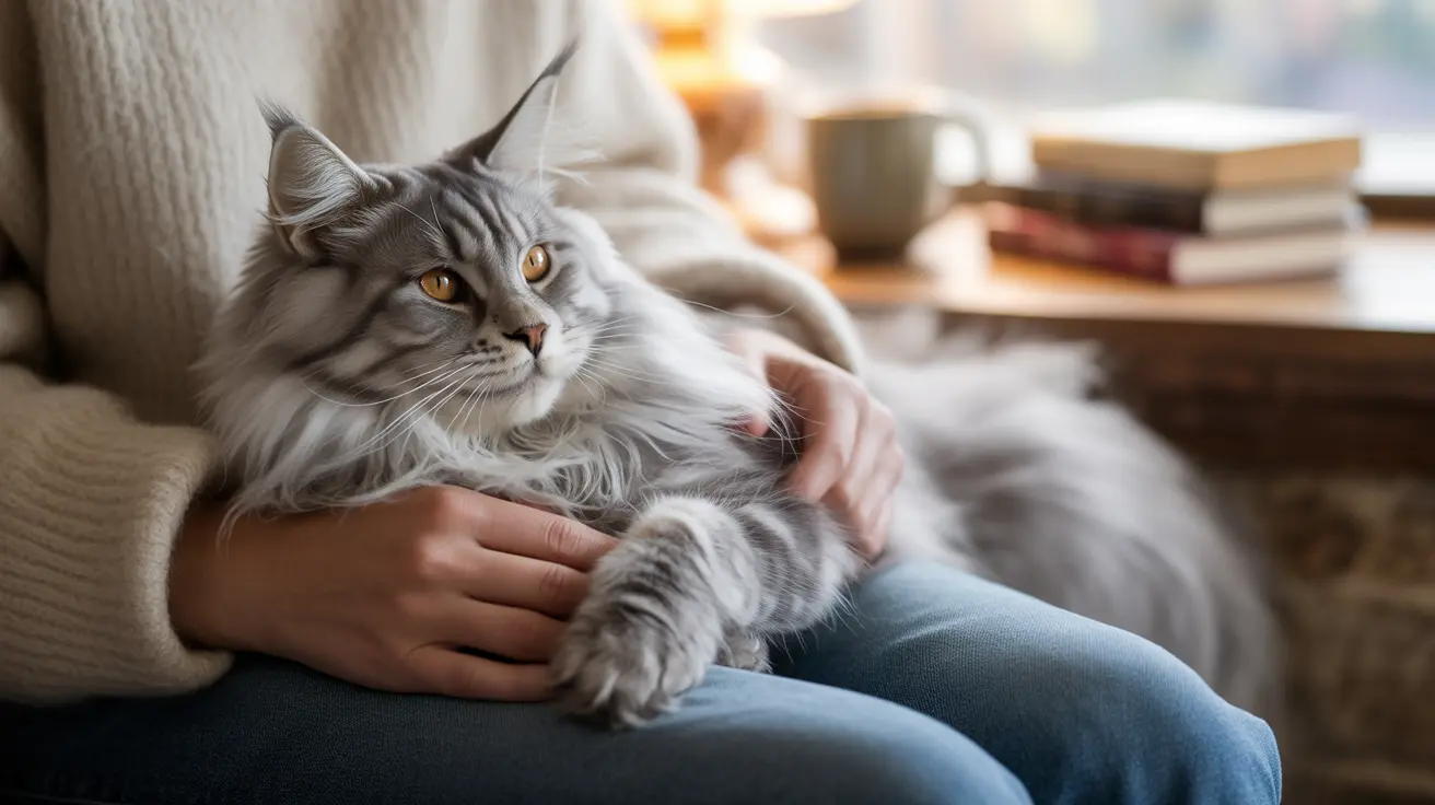 A majestic, long-haired gray Maine Coon cat being gently held and petted by someone at home