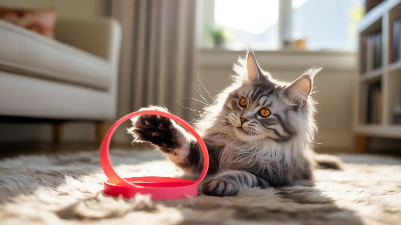 ふわふわしたグレーのメインクーンが窓の近くで赤い丸いおもちゃと遊んでいる様子