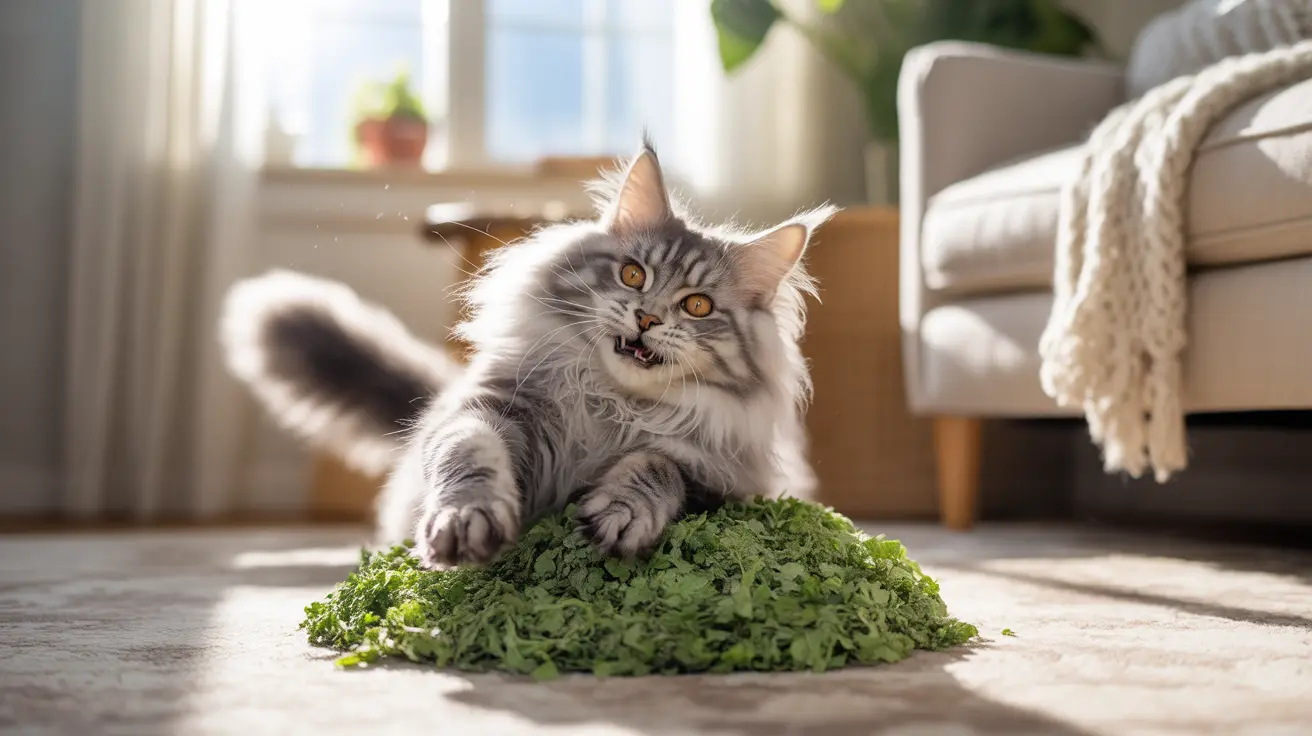 Un gato Maine Coon gris y esponjoso sentado sobre un montón de hierbas picadas con expresión facial ligeramente agresiva