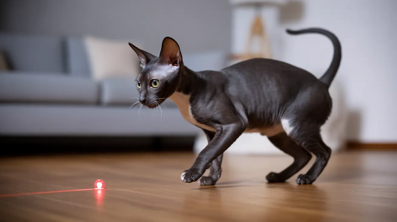 A sleek gray Oriental Shorthair cat chasing a red laser pointer dot on a wooden floor