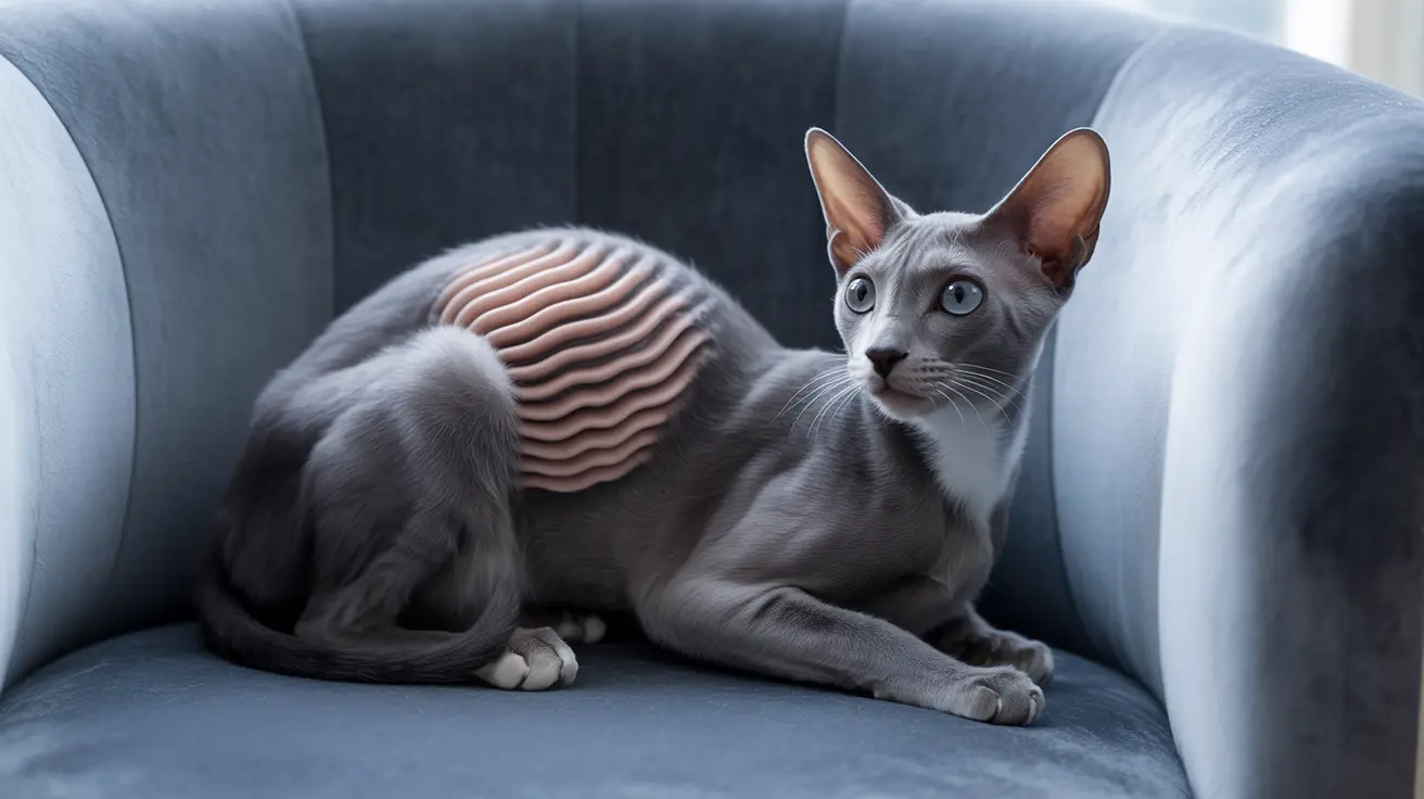 A sleek gray Oriental Shorthair cat sitting on a blue-gray armchair with an artistic striped pattern on its body