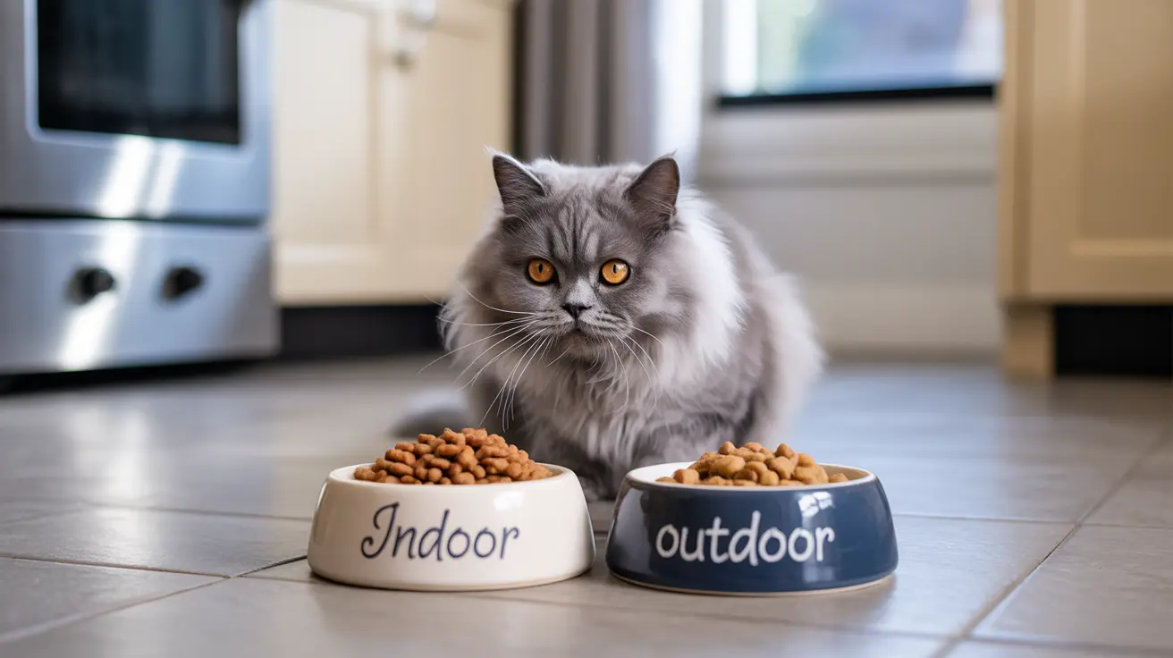 A fluffy gray Persian cat sitting between two food bowls labeled 'Indoor' and 'Outdoor'