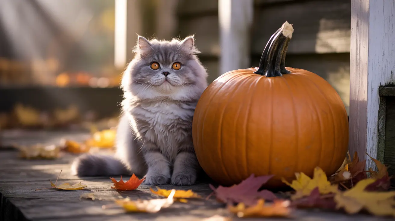 A fluffy gray Persian cat sitting next to a large orange pumpkin surrounded by autumn leaves