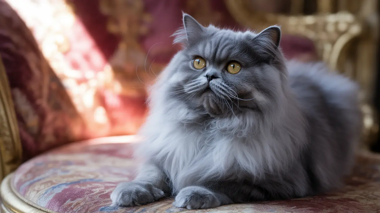 A majestic long-haired gray Persian cat sitting regally on an ornate chair with golden sunlight filtering in