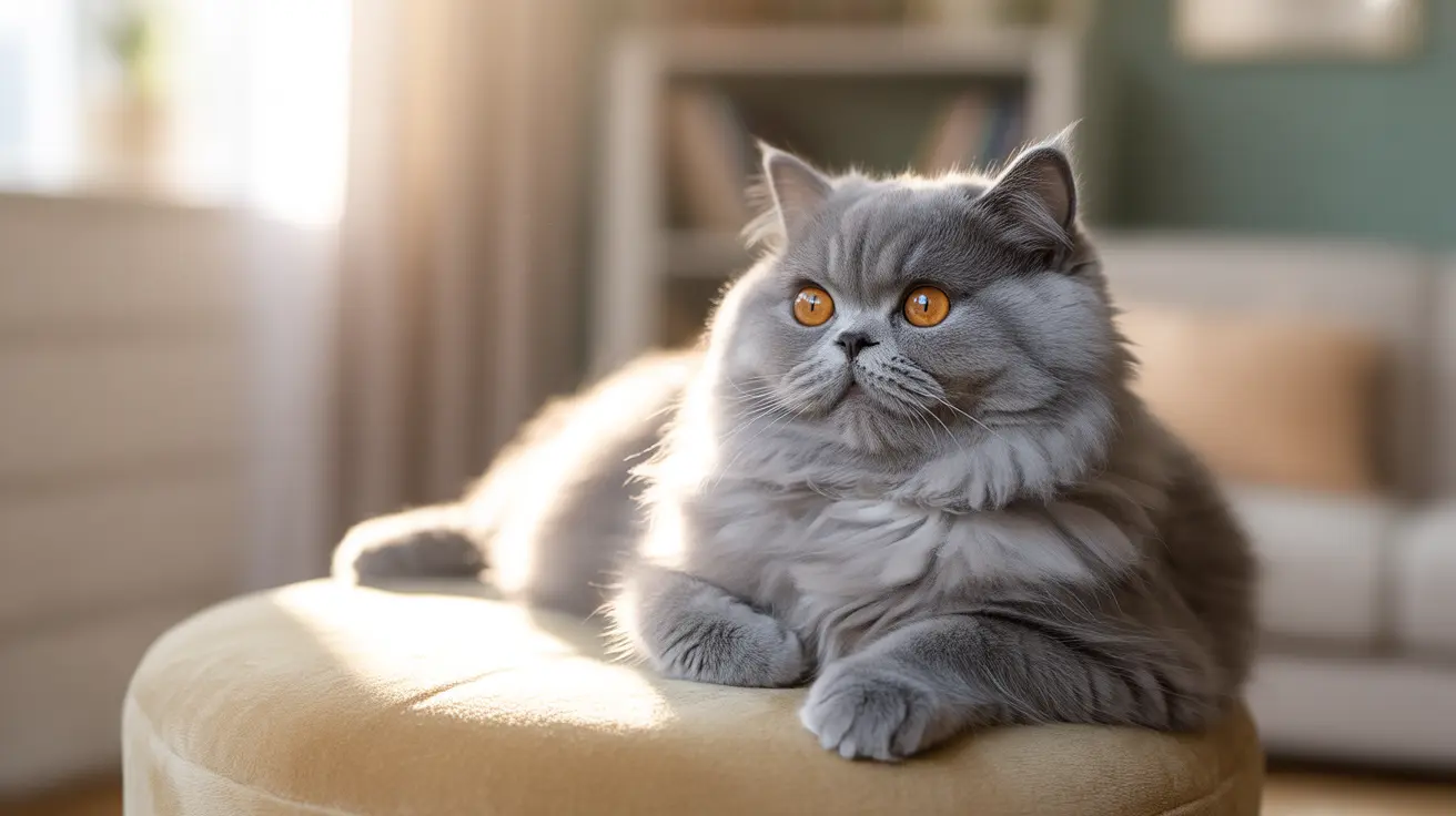 A fluffy gray Persian cat with striking orange eyes sitting regally on a beige cushioned surface