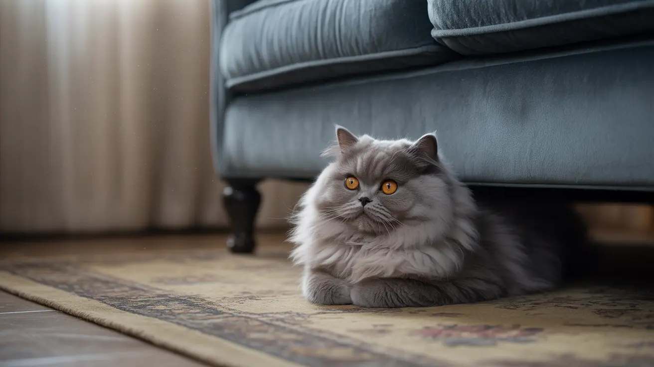 ふわふわした灰色のペルシャ猫が、鮮やかな黄色い目でパターン柄のラグの上に上品に座り、青みがかったグレーのソファの近くにいる様子