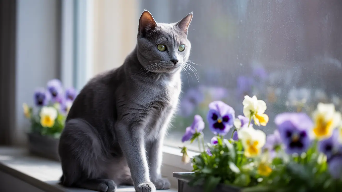 A gray Russian Blue cat sitting elegantly on a windowsill next to blooming pansies