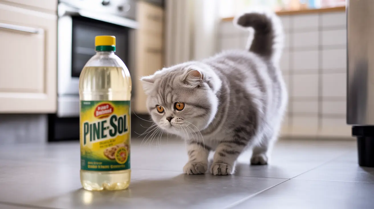 A gray Scottish Fold cat standing near a Pine-Sol cleaning solution bottle in a kitchen setting