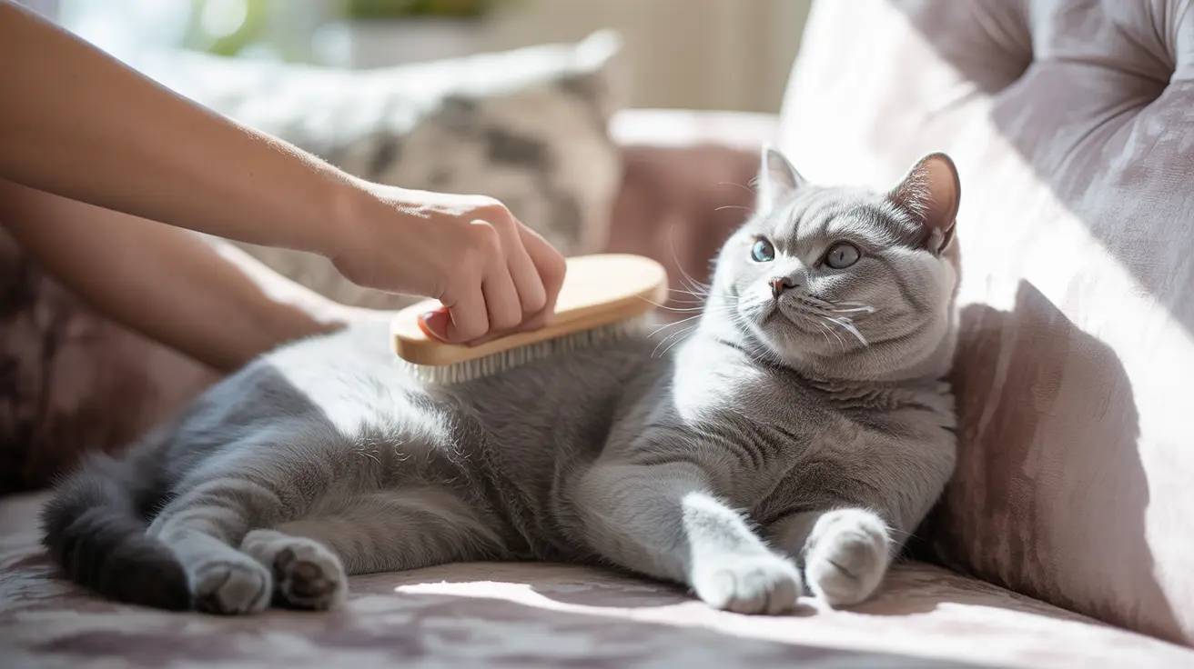 A gray and white cat being gently brushed by a hand on a soft couch