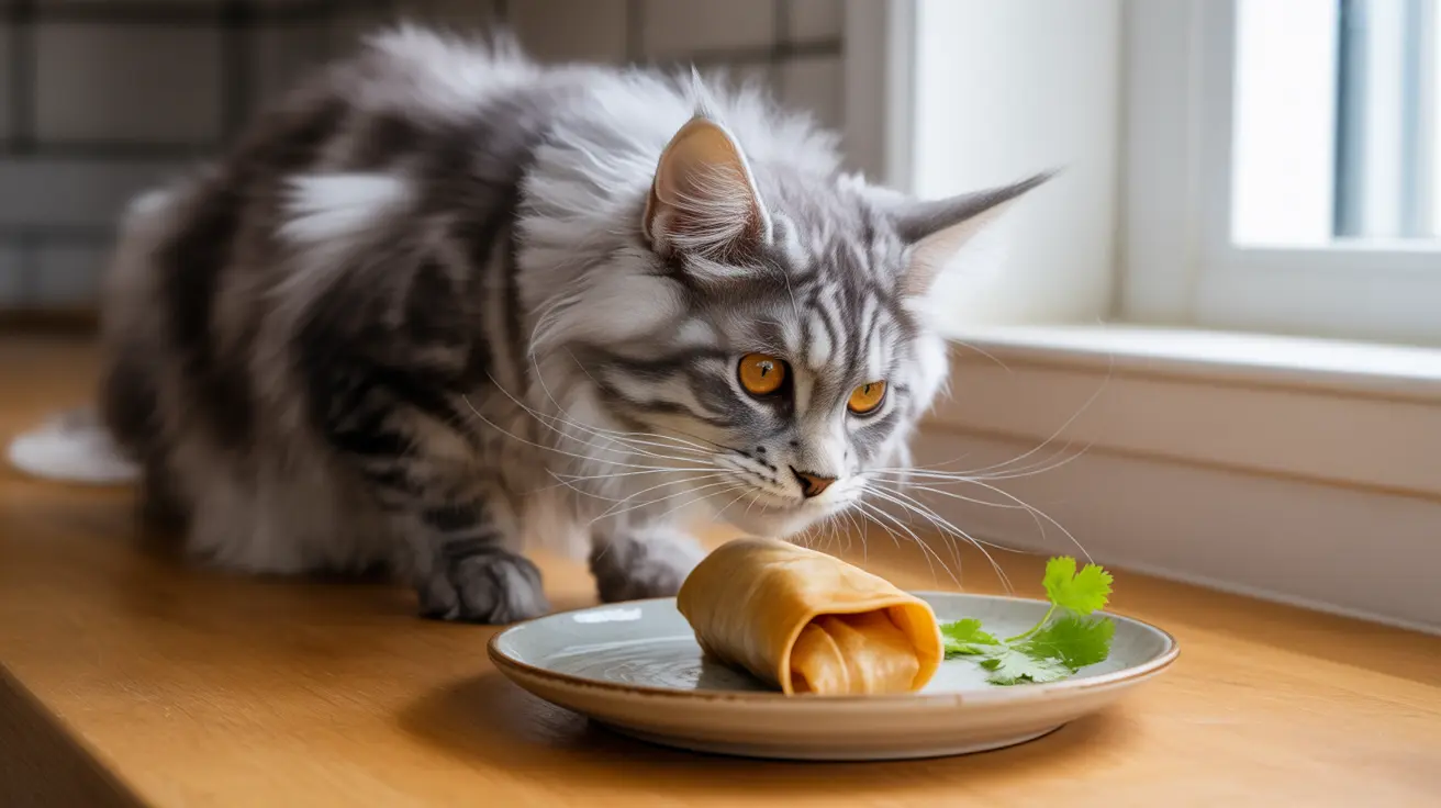 A fluffy gray and white cat intently examining a burrito on a plate near a window