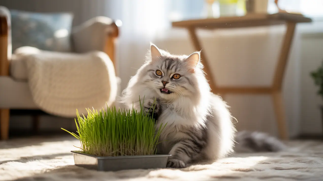 Fluffy gray and white long-haired cat sitting beside a pot of fresh green grass indoors
