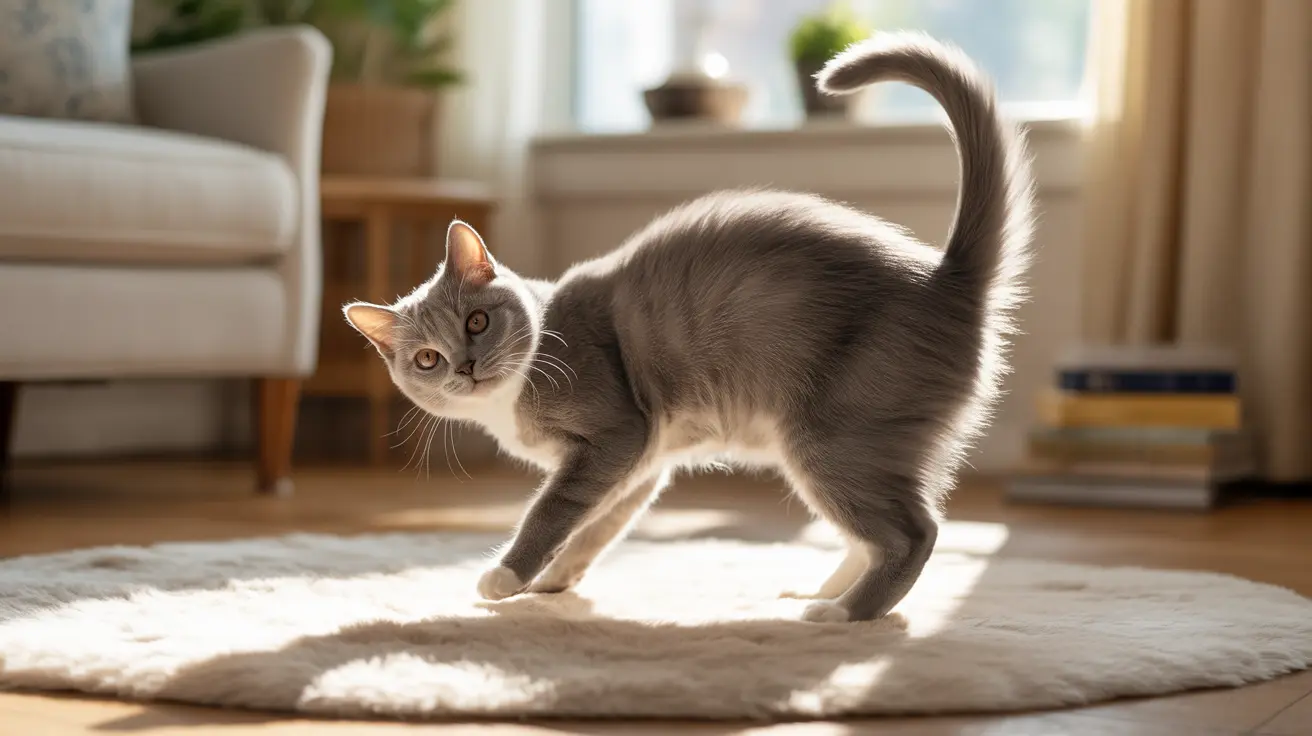 A gray and white cat walking across a soft rug in a sunlit living room