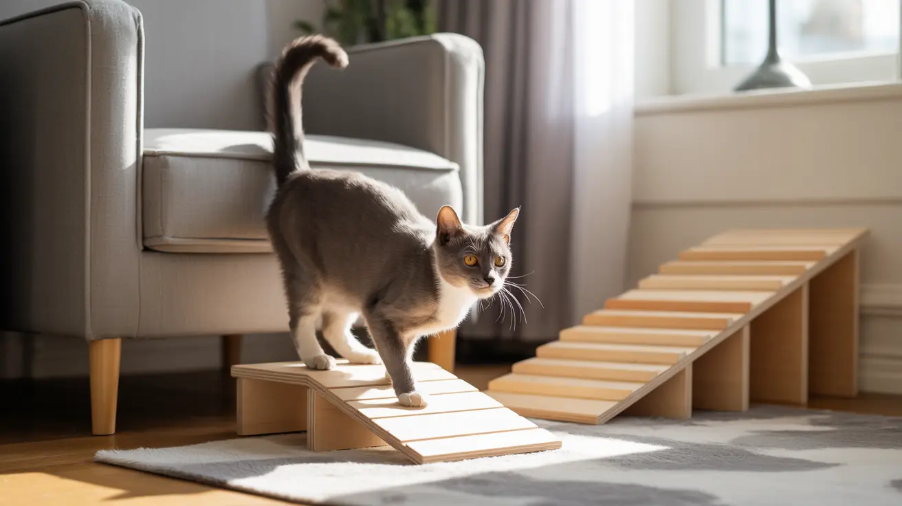 A gray and white cat walking on a wooden cat ramp near a light gray armchair in a bright, minimalist living room.