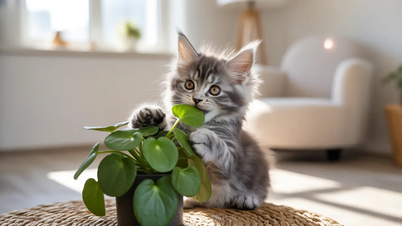 A fluffy gray and white kitten playfully interacting with a potted green plant in a bright, minimalist living room