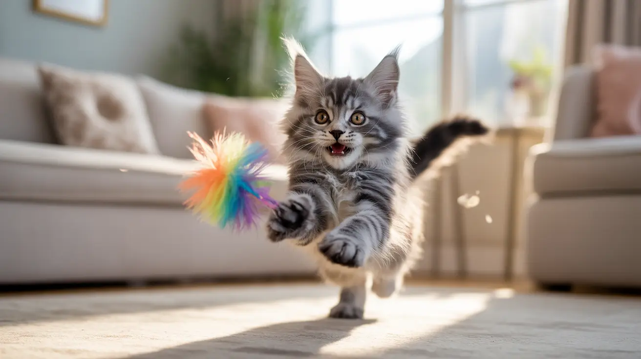 A playful gray and white Maine Coon kitten leaping and batting at a colorful rainbow feather toy