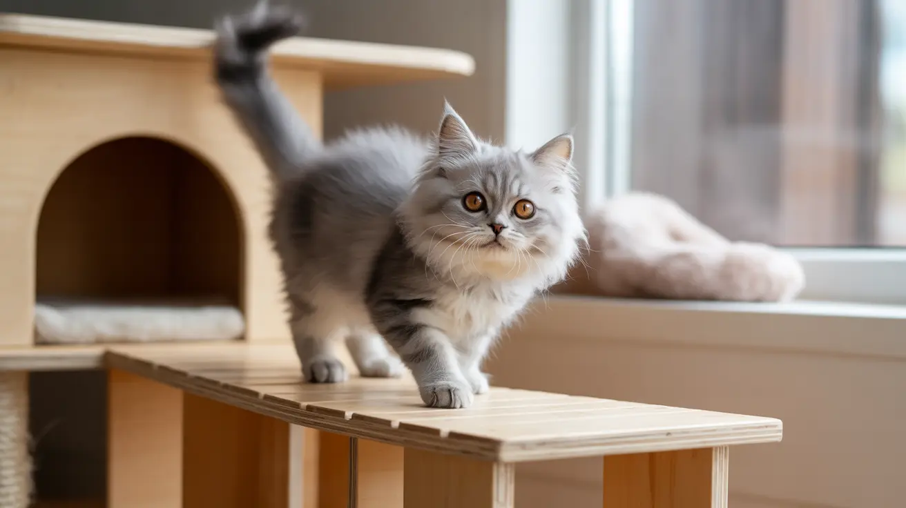 A fluffy gray and white Persian cat standing on a wooden cat tree near a window