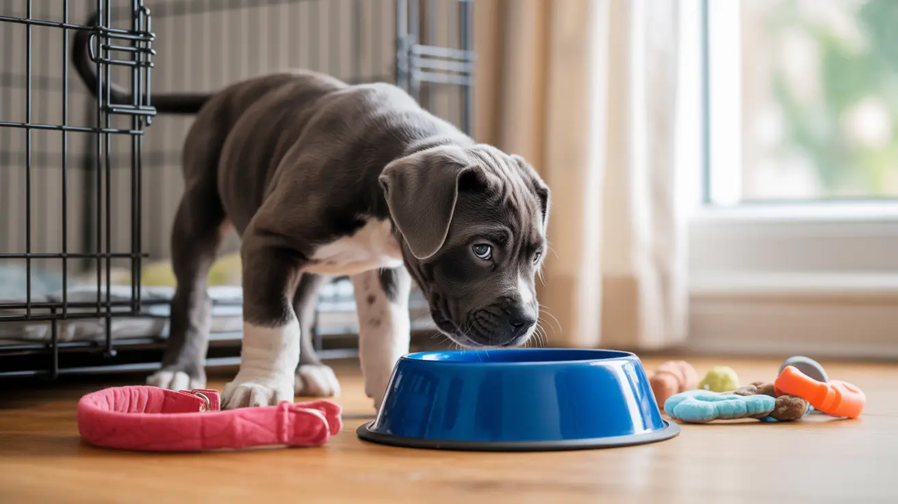 Un cachorro joven de pit bull gris y blanco observa hacia abajo un tazón de comida azul junto a una jaula para perros.
