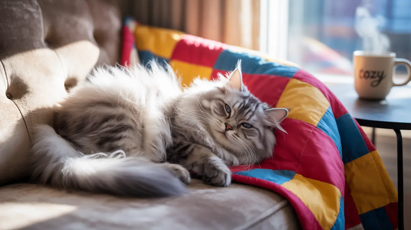 A fluffy gray and white Siberian cat lounging comfortably on a cozy sofa with a colorful patchwork blanket