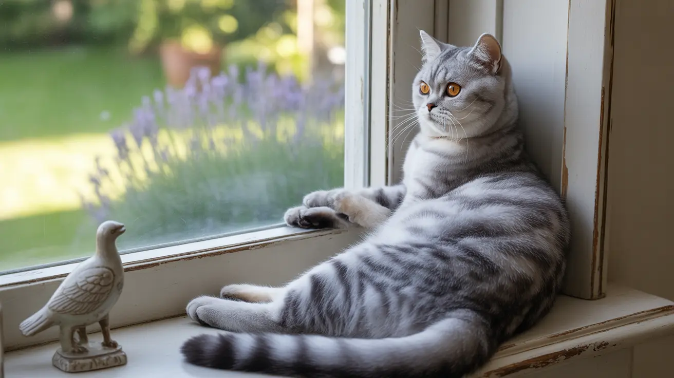A gray and white striped British Shorthair cat lounging on a windowsill, looking contemplative