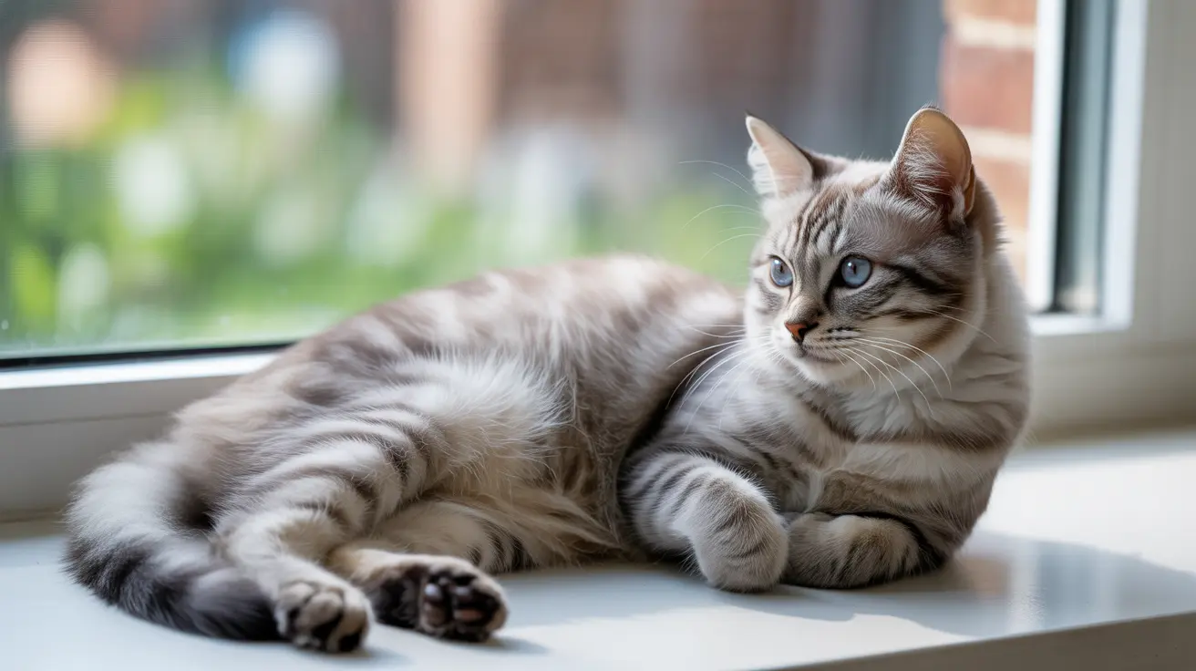 Gray and white tabby cat lounging peacefully on a windowsill